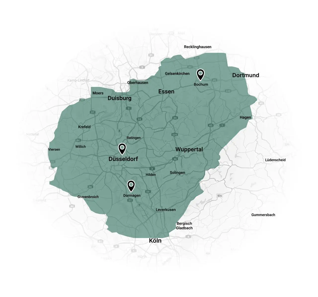 Karte die das Hauptgebiet von Neotherm aufzeigt, den Raum Düsseldorf