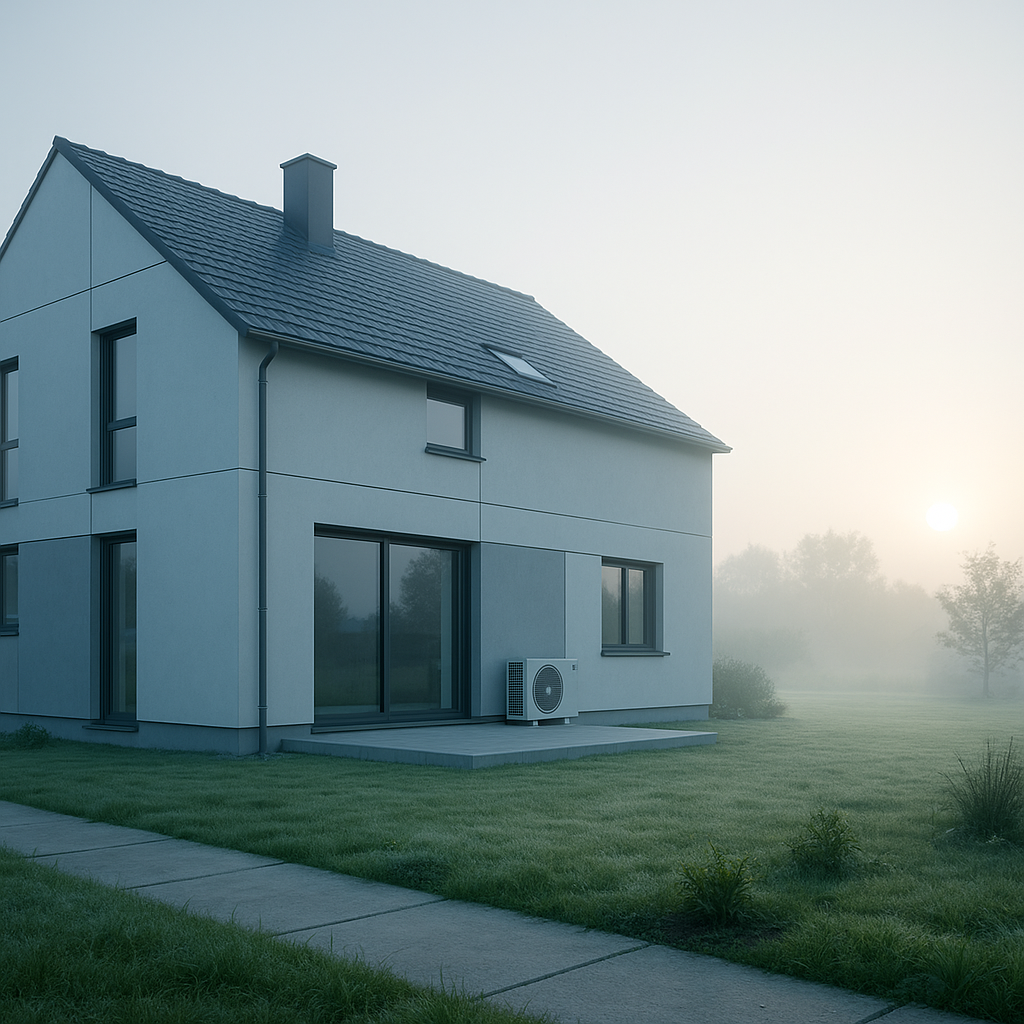 Modernes Einfamilienhaus in Essen bei Sonnenaufgang mit kühler, klarer Architektur – Symbol für effizientes und nachhaltiges Heizen mit Wärmepumpen in Essen von neotherm.